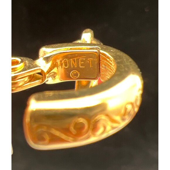 Gold-Tone Monet Hoop Earrings With Red Cabochon Dangles Vintage Style - Picture 6 of 7